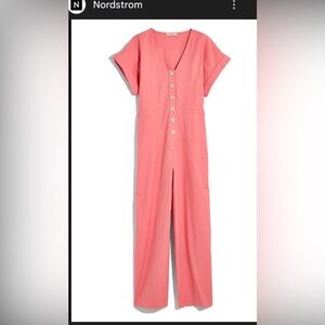 Madewell Coral Button-Front Short-Sleeve Jumpsuit
